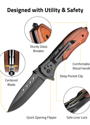 CVLIFE Pocket Knife - 3.46" Ultra Sharp Blade Wood Handle