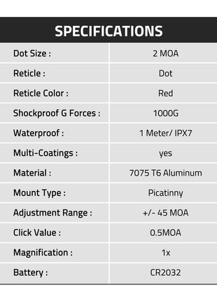 The red dot sight specifications