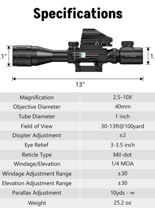 CVLIFE EagleFeather 2.5-10X40 AO Scope Specifications