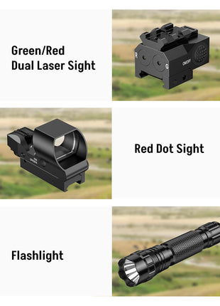 Green/Red Dual Laser Sight & 4 Reticle Holographic Sight & Flashlight