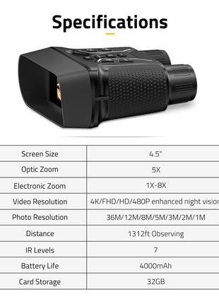 CVLIFE JackalHowl 4.5" Large Screen Night Vision Binoculars Specifications