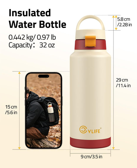 CVLIFE Insulated Stainless Steel Water Bottle with Straw - size