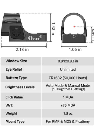 Size - CVLIFE WolfCovert Auto-Brightness 7-Reticle Red Dot Sight