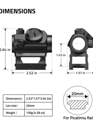 1x20mm 2MOA Red Green Dot Sight for Picatinny Rail Dimensions