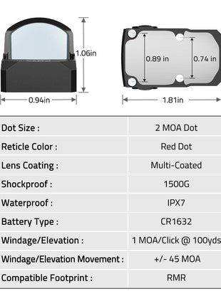 2MOA Red Dot Sight Specifications