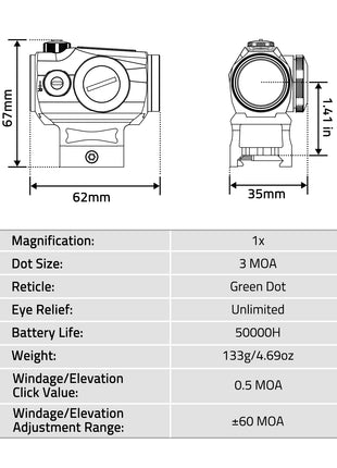 3 MOA Green Dot Sight Specifications