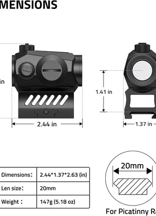 1x20mm Red Dot Sight for Picatinny Rail Dimensions and Weight