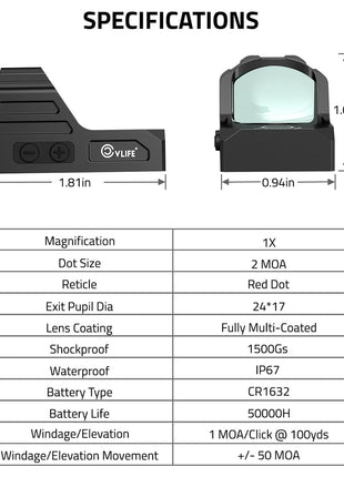 CVLIFE Red Dot Sight with Motion Awake Function Specification