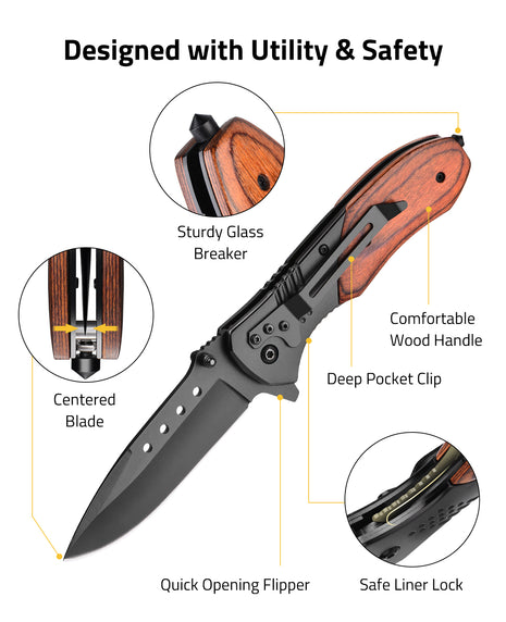CVLIFE Pocket Knife - 3.46" Ultra Sharp Blade Wood Handle