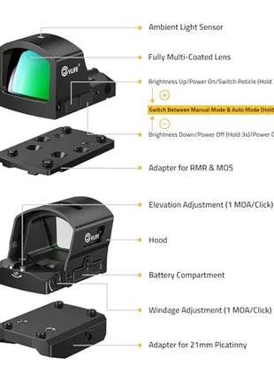 CVLIFE BearMight Auto-Brightness Red/Green Dot Sight for RMS RMSc