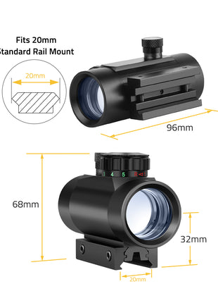 The red dot sight fits 20 mm standard rail mount