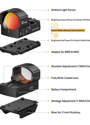 CVLIFE BearMight Automatische Helligkeit Rot/Grün Punktvisier für RMS RMSc