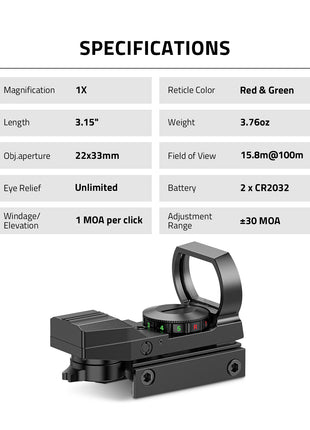 The 1x22x33mm Red Green Dot Sight Specifications