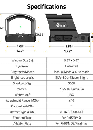 CVLIFE BearMight Auto-Brightness Red/Green Dot Sight for RMS RMSc