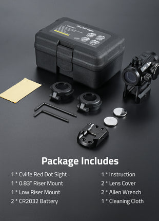 Red Dot Sight & Low Riser Mount & CR2032 Battery & Instruction & Lens Cover &  Allen Wrench & Cleaning Cloth