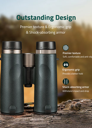 The binoculars with shock-absorbing armor withstand impact and drop