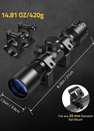 The rifle scope fits any 20 mm standard rail mount