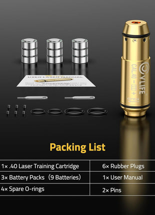 Laser Training Cartridge,  Rubber Plugs, Battery Packs, User Manual, Spare O-rings, Pins
