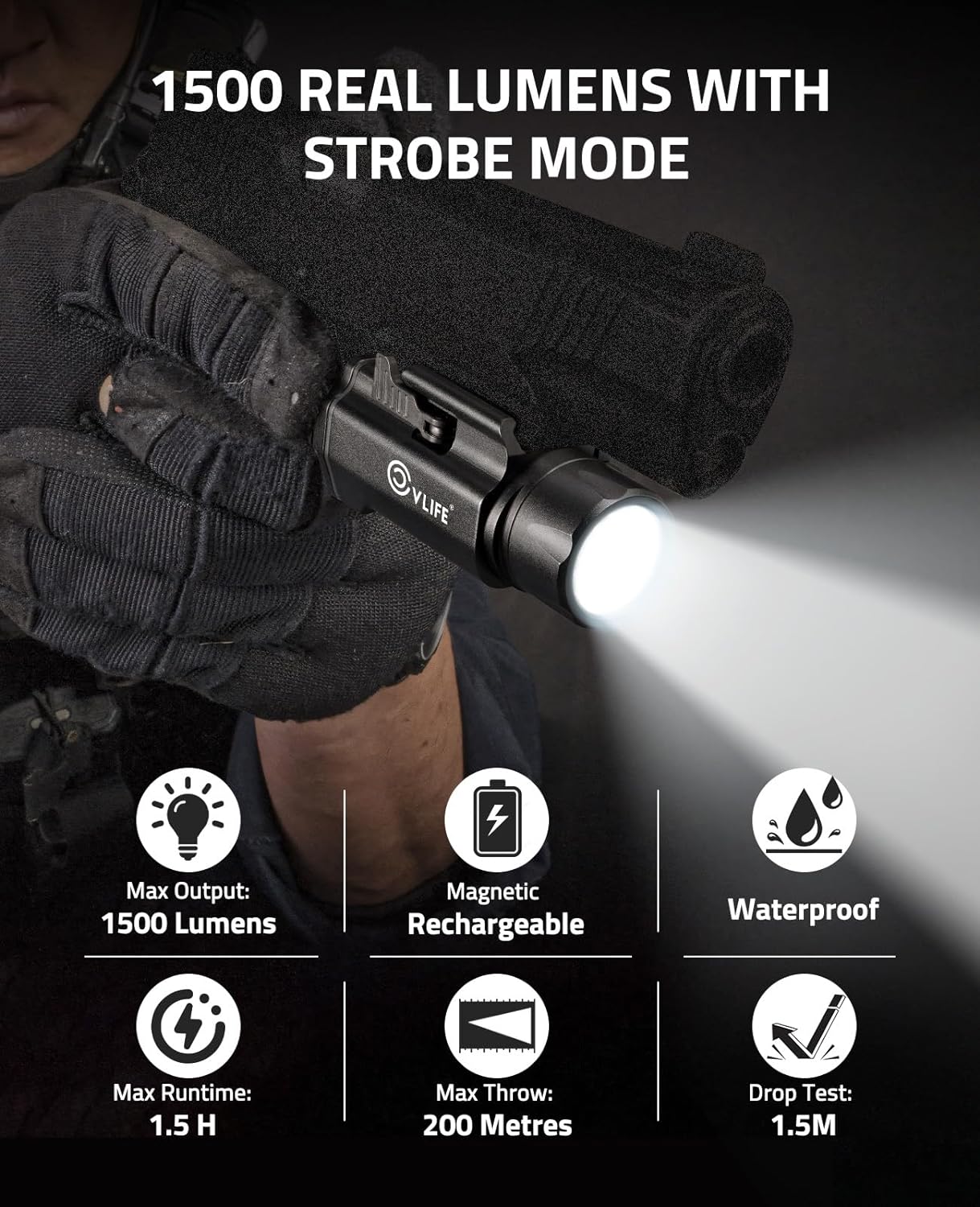CVLIFE 1500 Lumens Pistol Flashlight Magnetic Rechargeable CVLIFE 1500 Lumens Pistol Flashlight Magnetic Rechargeable
