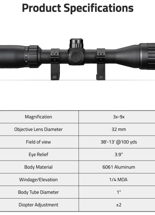 The Specifications of the CVLIFE FoxSpook 3-9x32 AO Rifle Scope