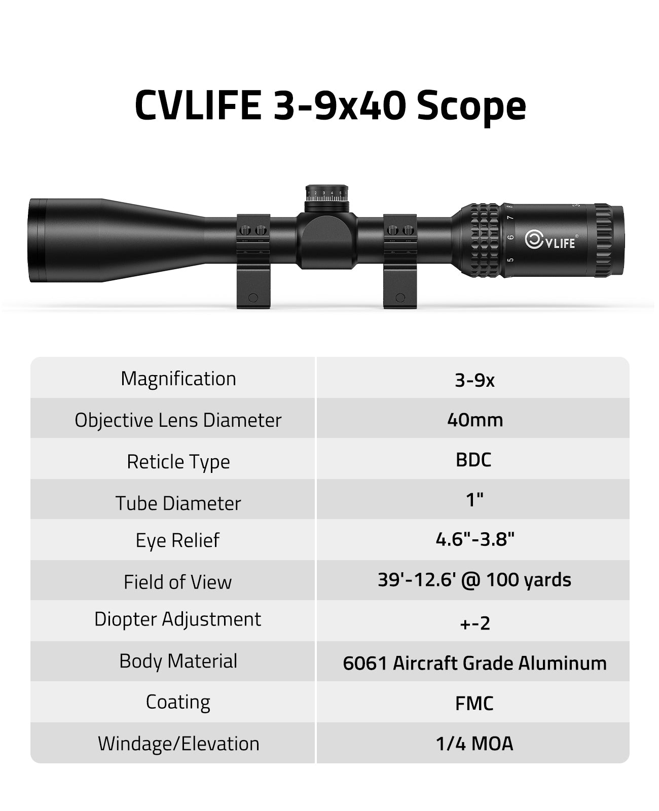 CVLIFE 3-9x40 Rifle Scope - Mil-Dot Reticle, Waterproof Fogproof, Compact Hunting Scope For 20mm Rails