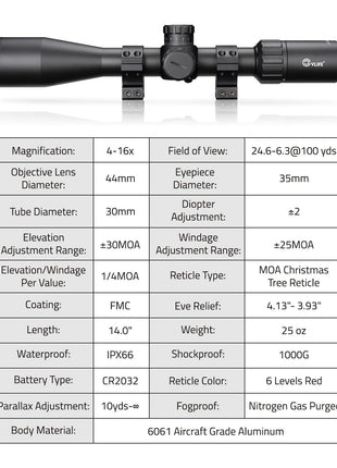 The Specification of CVLIFE BearPower 4-16x44 FFP Scope