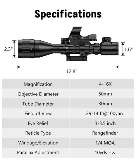 CVLIFE EagleFeather 4-16x50 AO Scope Combo Specifications