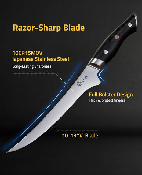 CVLIFE Fillet Knife with Leather Sheath, 7.2" Razor Sharp 10Cr15Mov Steel Blade