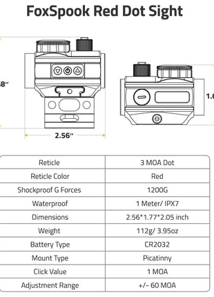 FoxSpook Red Dot Sight Specifications