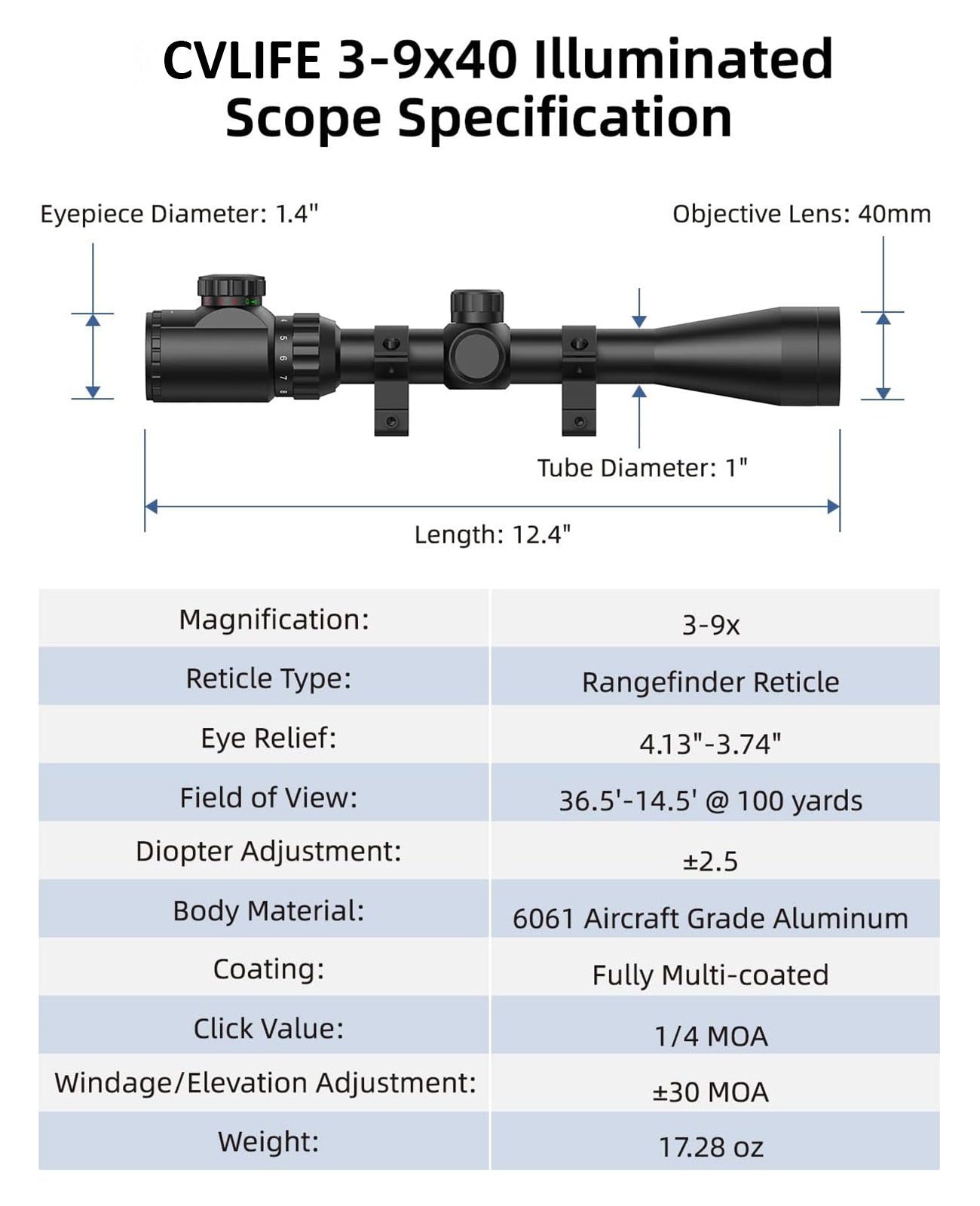 Vlife Rifle Scope CVLIFE FoxSpook 3-9x40 Illuminated Rifle Scope