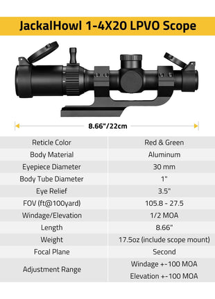 The Specification of CVLIFE JackalHowl 1-4x20 LPVO Rifle Scope with Cantilever Mount