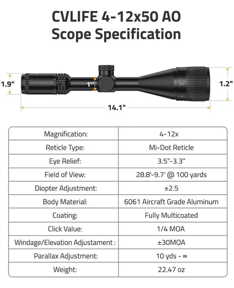 CVLIFE 4-12x50 AO Scope Specification
