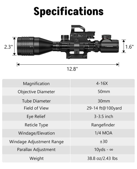 CVLIFE JackalHowl 4-16X50 AO Rifle Scope Specifications