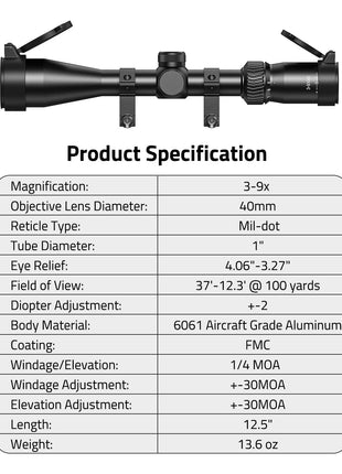The Specification of CVLIFE JackalHowl L04 3-9x40 Rifle Scope
