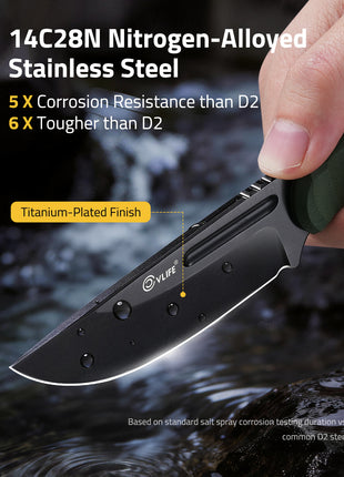 CVLIFE Small EDC Fixed Blade Knife with Kydex Sheath, 3.3" 14C28N Titanium-Plated Blade