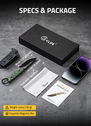 CVLIFE Small EDC Fixed Blade Knife with Kydex Sheath, 3.3" 14C28N Titanium-Plated Blade