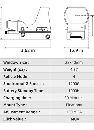 Motion Awake Multiple Reticle Red Green Dot Sight Specifications