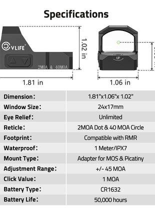 Multiple Reticle Green Dot Sight Specifications