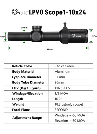 Specification - CVLIFE 1-10x24 LPVO Rifle Scope with Cantilever Mount