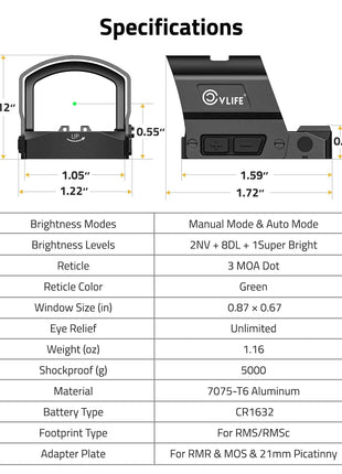 CVLIFE BearMight Auto-Brightness Red/Green Dot Sight with Hood specifications