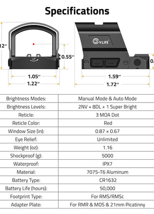 specifications - CVLIFE BearMight Auto-Brightness Red/Green Dot Sight with Hood