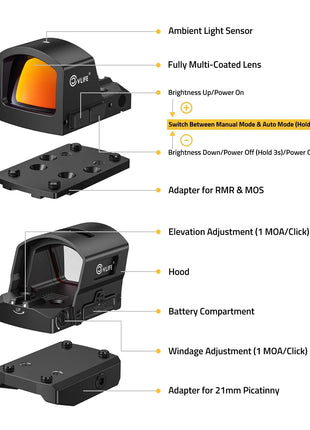 CVLIFE BearMight Auto-Brightness Red/Green Dot Sight with Hood - structure