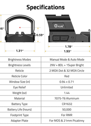 specification - CVLIFE BearMight Motion Awake Red/Green Dot Sight with Hood