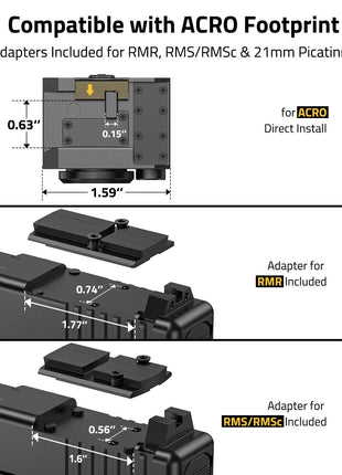 Compatible with ACRO Footprint
Adapters Included for RMR, RMS/RMSc & 21mm Picatinny