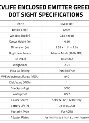 CVLIFE ENCLOSED EMITTER GREEN
DOT SIGHT SPECIFICATIONS