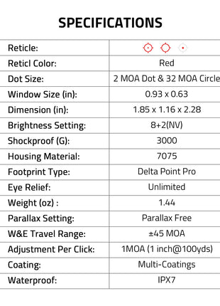 Specifications - CVLIFE BearSwift Enclosed Solar red dot Sight