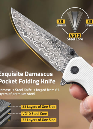 CVLIFE Damascus Pocket Folding Knife 3.26 Inches Sharp Blade