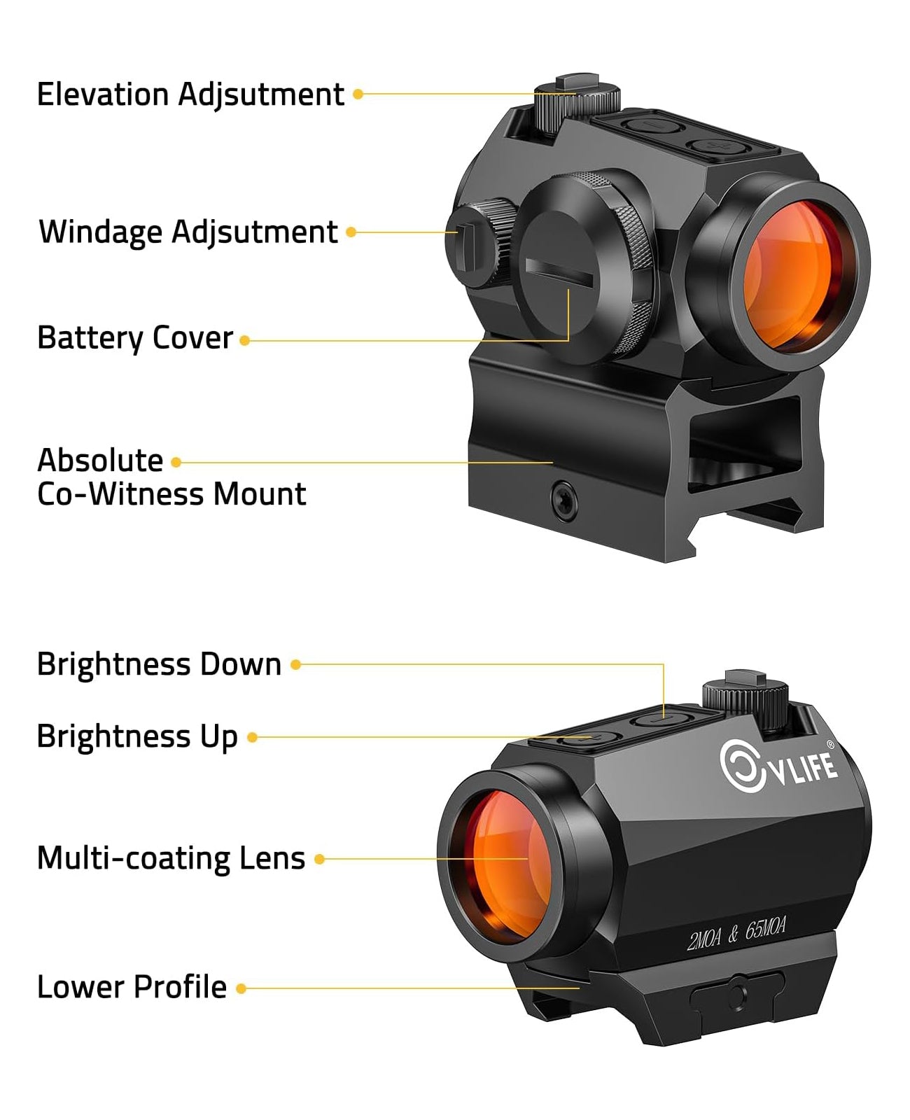 CVLIFE EagleFeather Solar Red Dot Sight,Tactical Red Dot Scope With Dual Power Supply System, 2 MOA Motion Awake Solar Reflex Ptics With Absolute Co-Witness Picatinny Mount