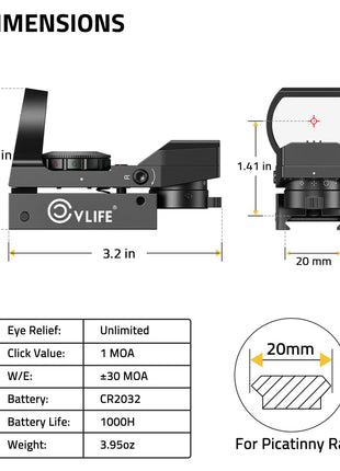 Dimensions of CVLIFE FoxSpook Motion Awake Multi Reticle Green & Red Dot Sight