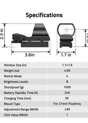 Specifications - CVLIFE FoxSpook Rechargeable Multiple Reticle Green Dot Sight